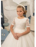 Short Sleeves Ivory Glitter Lace Tulle Flower Girl Dress